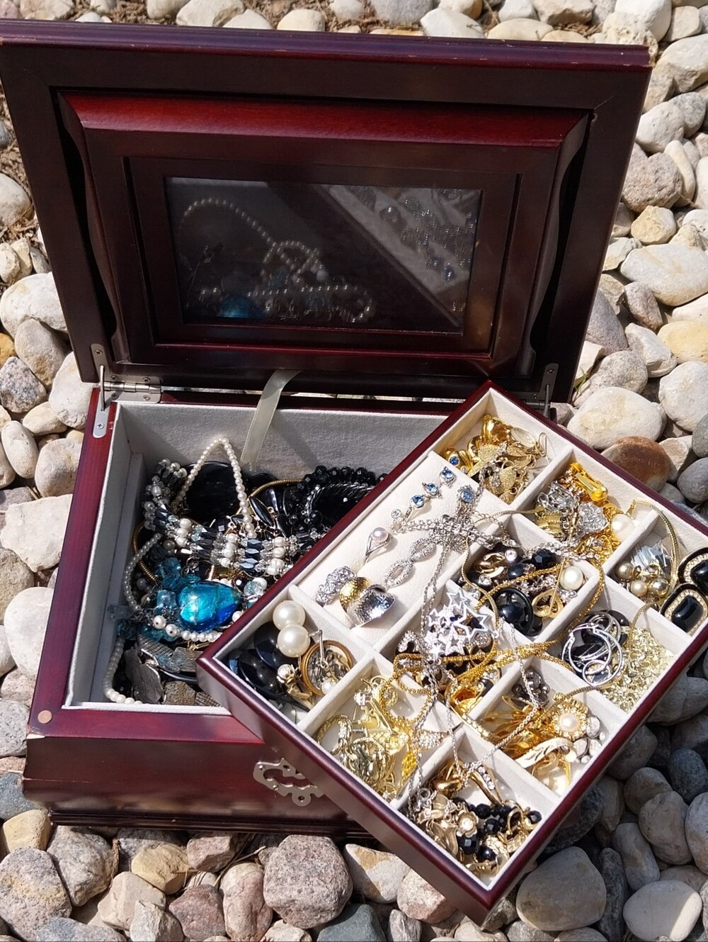 Vintage Wooden Jewelry Organizer Box & Jewelry Lot